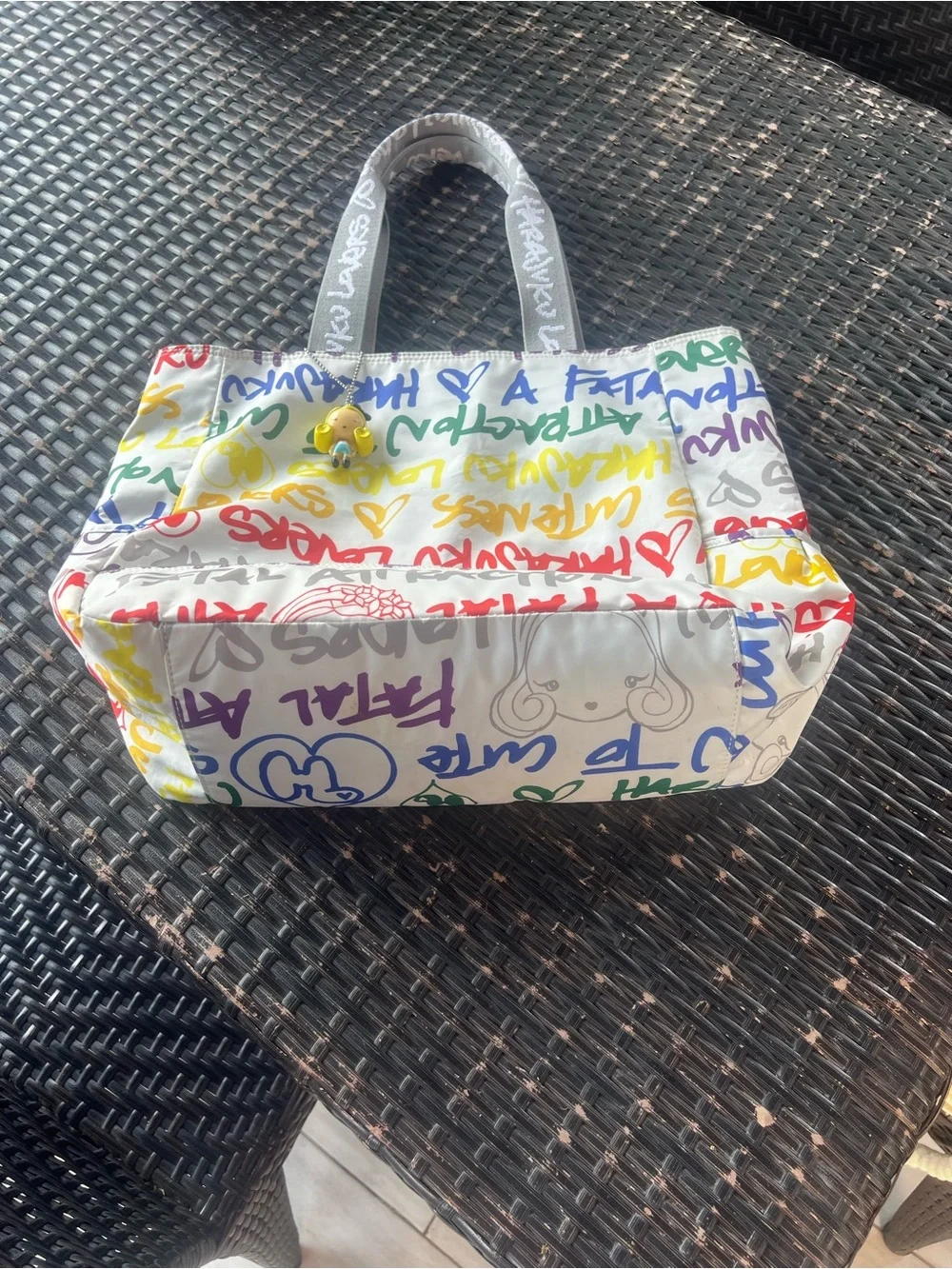 Harajuku Lovers White Multicolor Graffiti Tote with Gray Straps and Yellow Charm